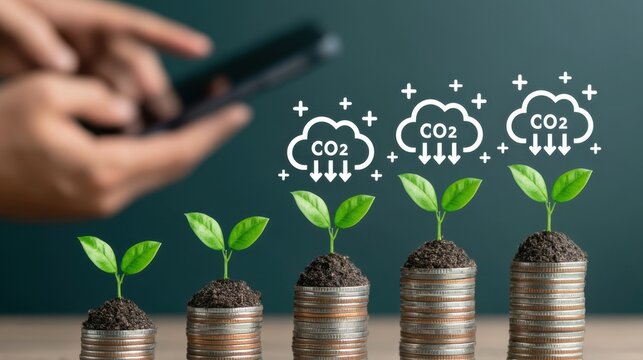 Growing green plant seedlings on stacks of coin with carbon dioxide reduction icons symbolizing sustainable investment and environmental impact on economic growth