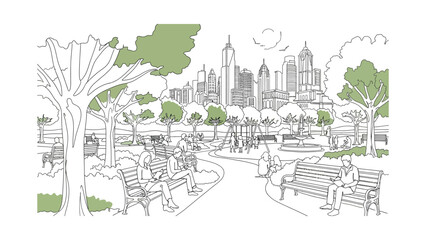 Fototapeta premium Line art illustration of people relaxing on benches in a city park.