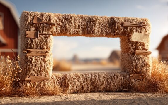 Rustic hay frame decorated with wooden kitchen tools in outdoor setting