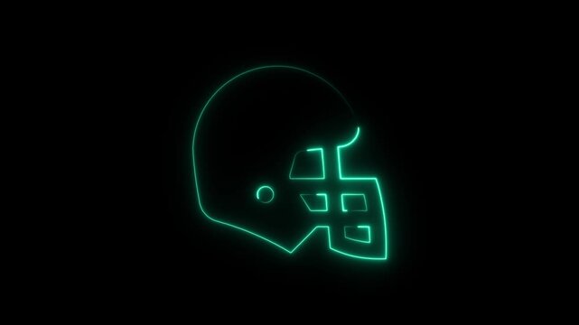 Neon american football helmet glowing outline animation on black background, light