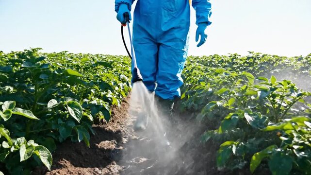 Farmer in protective suit spraying crops in a green field, showcasing agriculture, pest control, plant care, and modern farming practices under daylight.