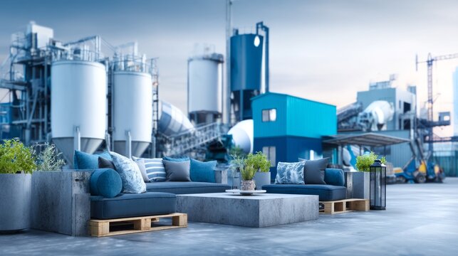 Modern Outdoor Lounge Area with Industrial Factory Background and Seating