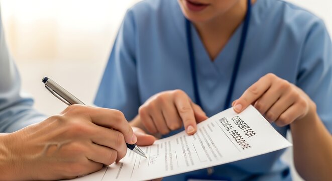 A healthcare professional points to a consent form while a patient signs it, signifying informed consent for a medical procedure.
