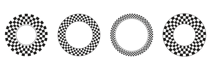 Set of round frames with black and white checkered print. Vignettes with race flag or chessboard pattern. Circular geometric frameworks. Vector graphic illistration © top3