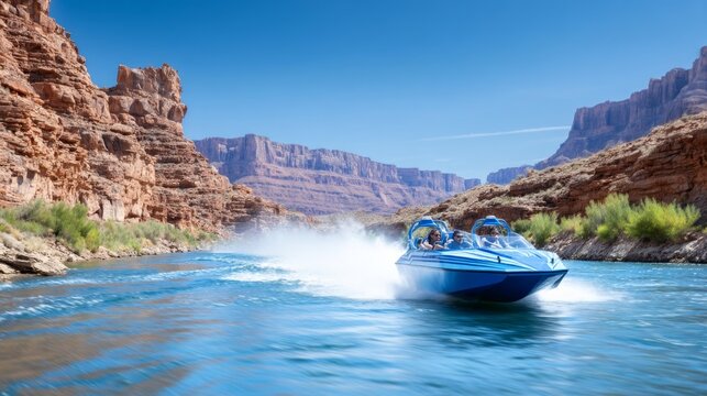 Speedboat riding along river through rocky canyon under clear blue sky