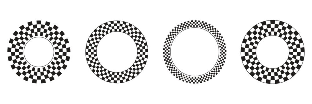 Set of round frames with black and white checkered print. Vignettes with race flag or chessboard pattern. Circular geometric frameworks. Vector graphic illistration