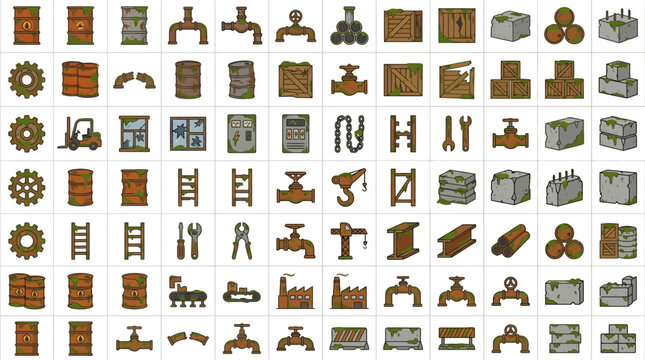 Abandoned industrial area icons with various machinery and equipment symbols