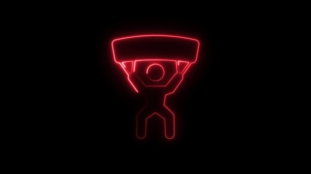 Neon red parachutist animation, extreme sports skydiving symbol on black background, glowing parachute