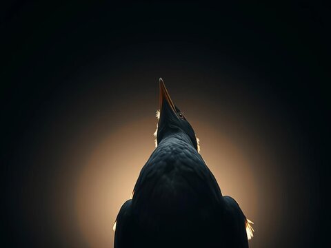Feathered enigma tilts skyward, a silent avian query bathed in diffused dawn glow,  dawn light, silly goose