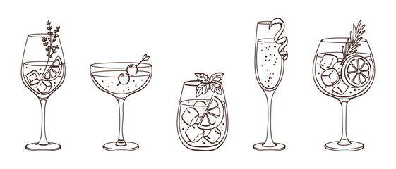 Trendy wine and spritz cocktail vector line art set with citrus spritz, berry coupe, basil spritz, sparkling twist and rosemary spritz © Мария Князь