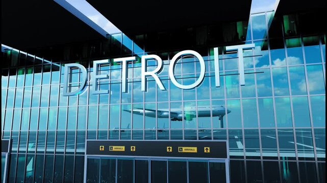 Airlane landing at Detroit, USA. Arrival in the city with reflection of airport and aircraft
