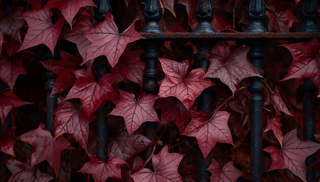 Vibrant red autumn ivy leaves entwined on an old weathered black iron fence