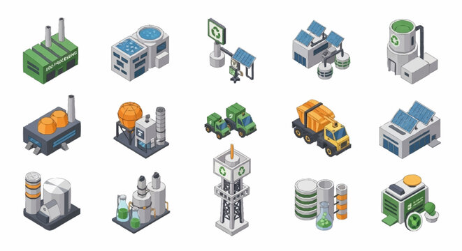 Collection of industrial isometric icons.