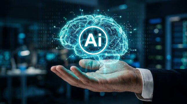 Artificial intelligence concept with human hand holding glowing digital brain, symbolizing futuristic AI innovation, machine learning, and advanced data solutions for modern business transformation.