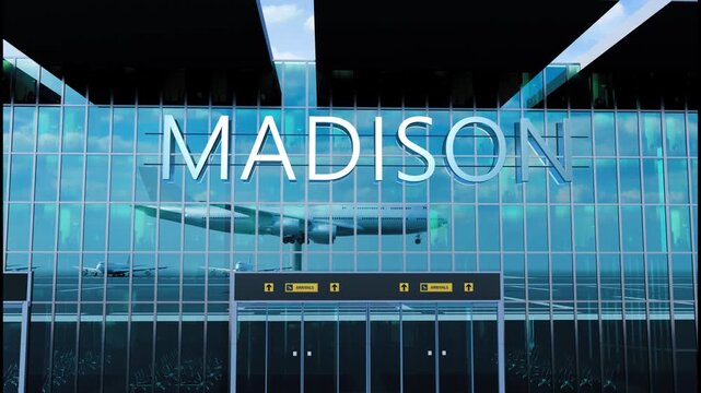 Airlane landing at Madison, USA. Arrival in the city with reflection of airport and aircraft