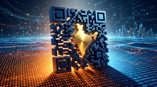 Glowing Golden India Map Bursting Out of QR Code on Digital Background Showing Digital Payment Technology UPI Cashless Economy Innovation Growth