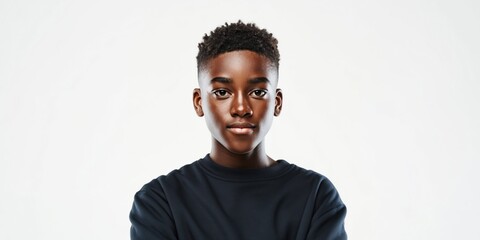 Obraz premium Portrait of a confident young Black boy with a stylish haircut and dark t-shirt