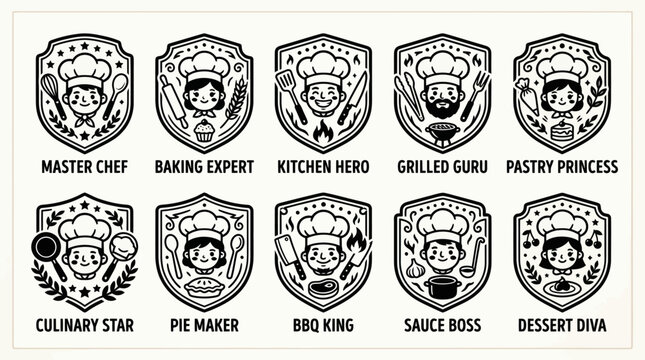 Set of Professional Chef and Bakery Badges in Bold Line Style