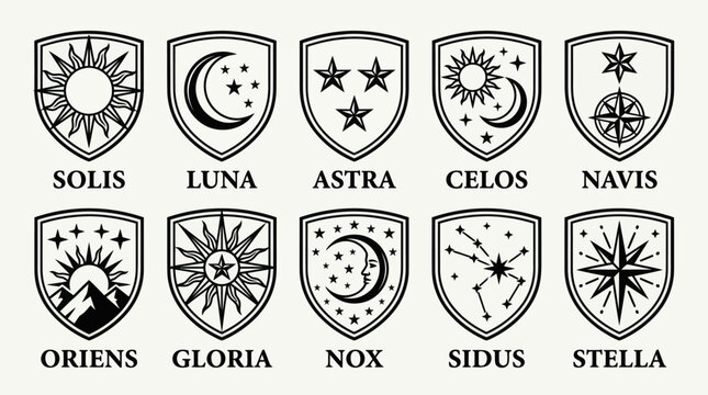 Minimalist Celestial Crests and Astrological Shield Icons Set