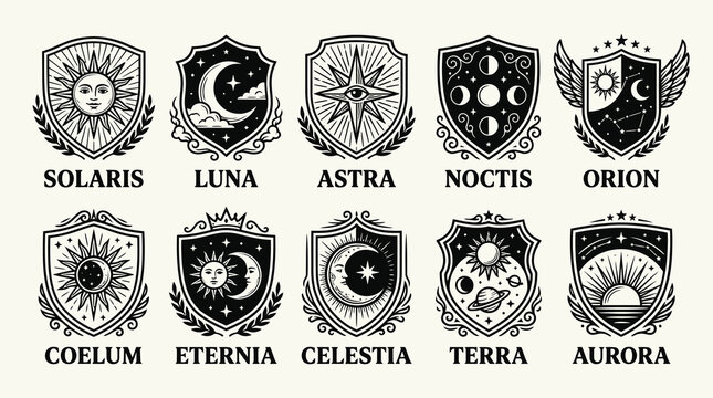 Elegant Mystical Celestial Emblems with Sun and Moon Symbols