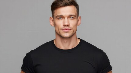Fototapeta premium Handsome man with blue eyes and short brown hair wearing a black t-shirt, studio portrait