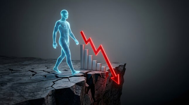 Blue Glowing Human Figure Walking Toward Edge of Cliff with Red Downward Arrow Showing Business Failure Financial Crisis Risk Bankruptcy Economic Downfall
