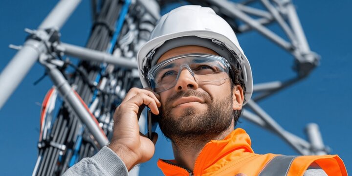 Caucasian male engineer in hard hat and safety glasses talking on cell phone near tower