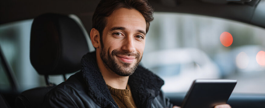 Cheerful young man navigates urban streets with a tablet like a modern-day road wizard