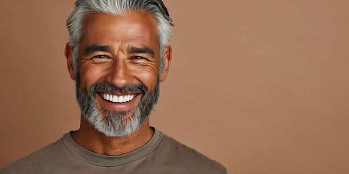 Confident mature man smiling genuinely in studio lighting