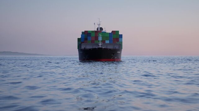 Drone aerial over anchored container ships and oil tankers in a bay at sunset, depicting global trade disruption and Strait of Hormuz closure concept in a cinematic 3D animation render