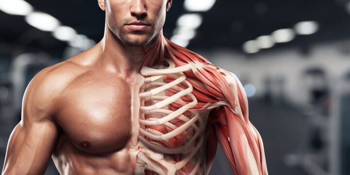 Anatomical illustration of a muscular male torso with visible muscles and bones