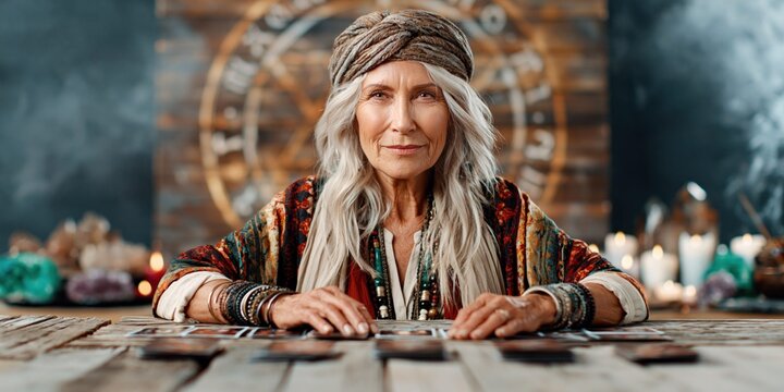 Mysterious older woman reading tarot cards with crystals and candles in dimly lit room