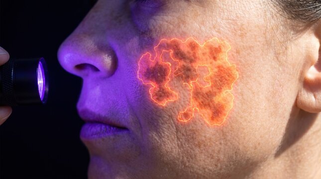 A close-up of a person's face under UV light revealing a skin condition highlighted by glowing outlines.