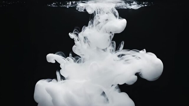 An ethereal plume of white dissipates into the inky depths of dark liquid, creating a mesmerizing, dynamic spectacle of diffusion and swirling ephemeral forms that captivate the viewer's