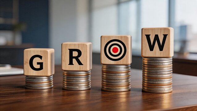 Wooden blocks spelling GROW on stacks of coins increasing in height, financial growth concept, investment profit, saving money, economic success and wealth accumulation strategy.