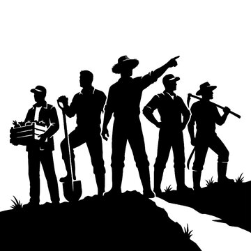 Silhouette of five construction workers standing.