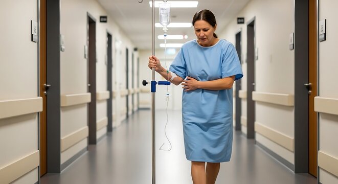 A woman in a blue hospital gown walks down a sterile hospital hallway, holding an IV drip stand.