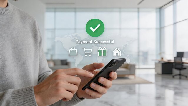 Payment successful confirmation on smartphone, online shopping transaction complete, e-commerce purchase verified, mobile banking transfer approved, secure digital wallet checkout