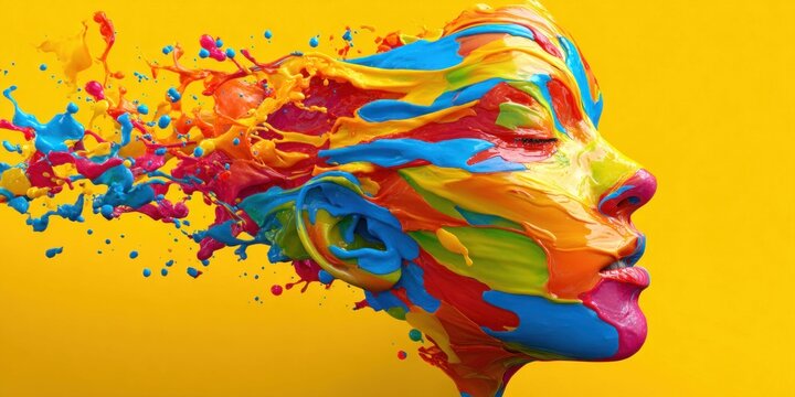 Abstract colorful paint splashes forming a human face profile on a vibrant yellow background