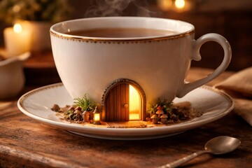 Fototapeta premium Steaming teacup holding a whimsical tiny magical home on a saucer, featuring a glowing arched wooden door, miniature plants, and tiny mushrooms for an enchanting concept