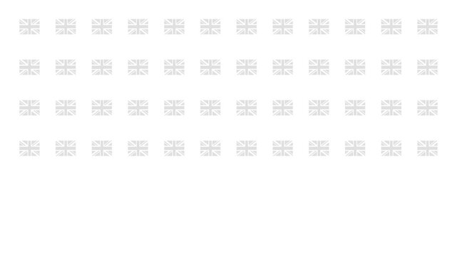 Desaturated UK flag pictograms appear in a neat grid, filling the screen in sequence. Suitable for subtle backgrounds, neutral overlays, and understated British-themed visuals.