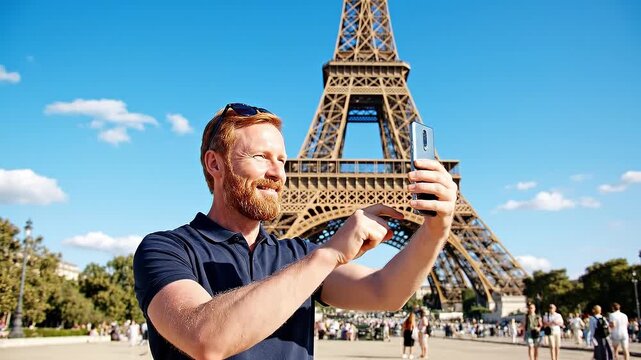 A happy redhead man takes a selfie with his smartphone in front of the Eiffel Tower in Paris. He smiles while capturing travel memories on a sunny day. Ideal for travel and tourism content.