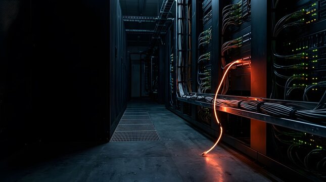 Disconnected glowing network cable inside dark industrial server corridor showing critical infrastructure failure