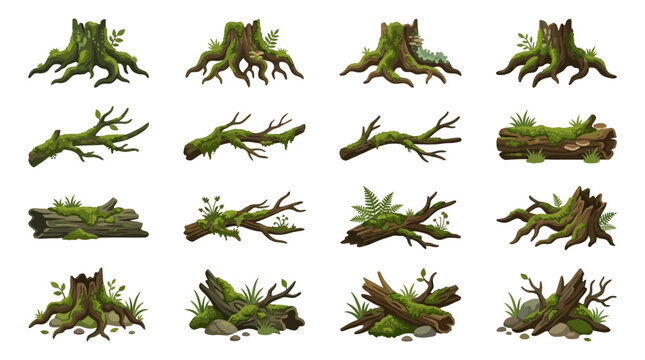 A collection of 20 moss covered tree roots and branches with green leaves and brown trunks in a natural forest environment