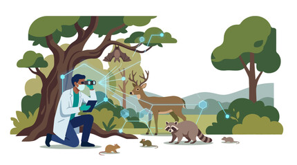 Fototapeta premium A veterinarian studying wild animals in a forest setting. EPS Editable. Vector Illustrations.