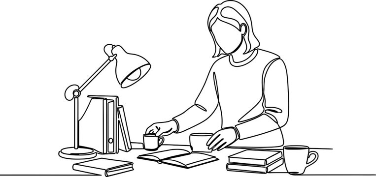 Continuous line drawing of a person studying at a desk with books and a lamp, holding a coffee cup.