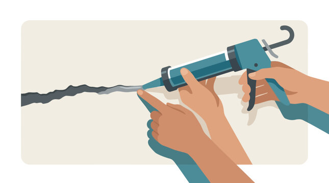 Close up of hands using a caulk gun to seal a crack in a wall. EPS Editable. Vector Illustrations.