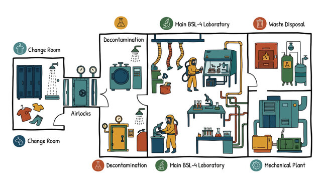 Diagram showing the layout of a BSL 4 high containment research laboratory. EPS Editable. Vector Illustrations.