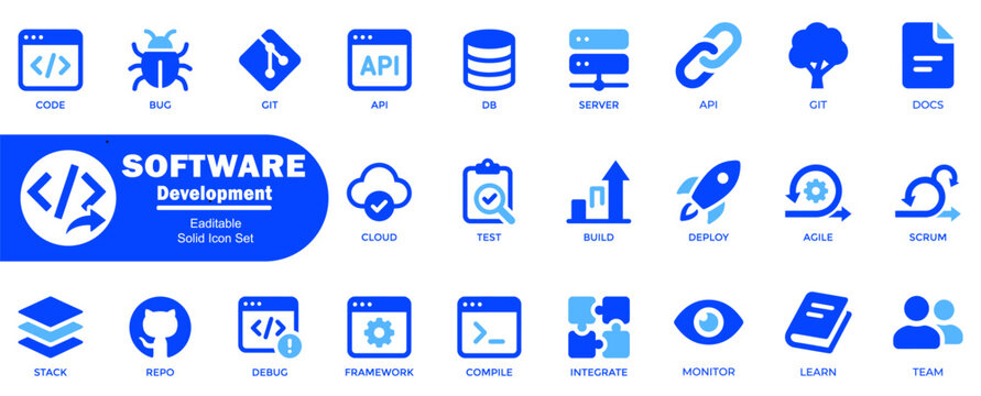 Programming lifecycle solid icons with version control git repository api testing build deployment agile methodology and framework management symbols.