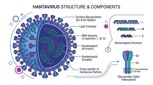Educational Infographic Showing The Detailed Biological Structure Of Hantavirus Particles. EPS Editable. Vector Illustrations.